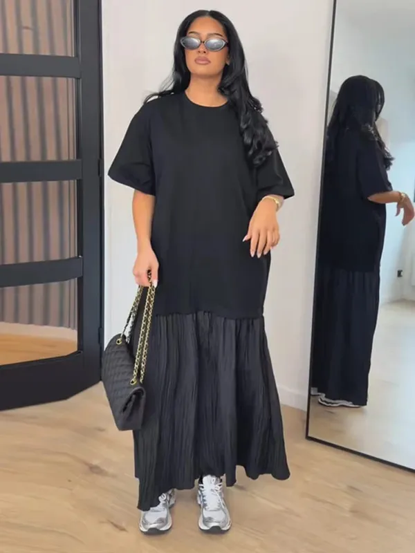 Patchwork z krótkim rękawem długa, obszerna sukienka damska elegancka, dekolt w kształcie litery "o", plisowana luźna impreza wieczorowa suknie letnia w stylu Casual, damska Vestidos — image 4