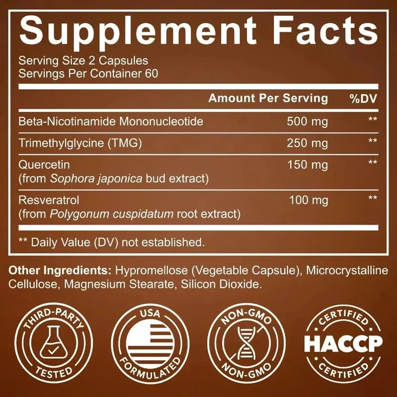 Capsule NMN 1000mg Nicotinamide Mononucleotide NAD+ Energia Cellulare TMG Quercetina Resveratrolo 120 Capsule Vegane Non OGM — image 7