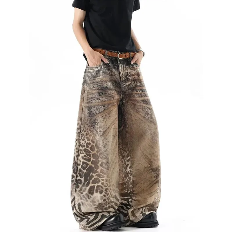 Jeans da uomo larghi stampati leopardati marroni lavati effetto streetwear Pantaloni lunghi in denim a gamba larga casual Estate Novità