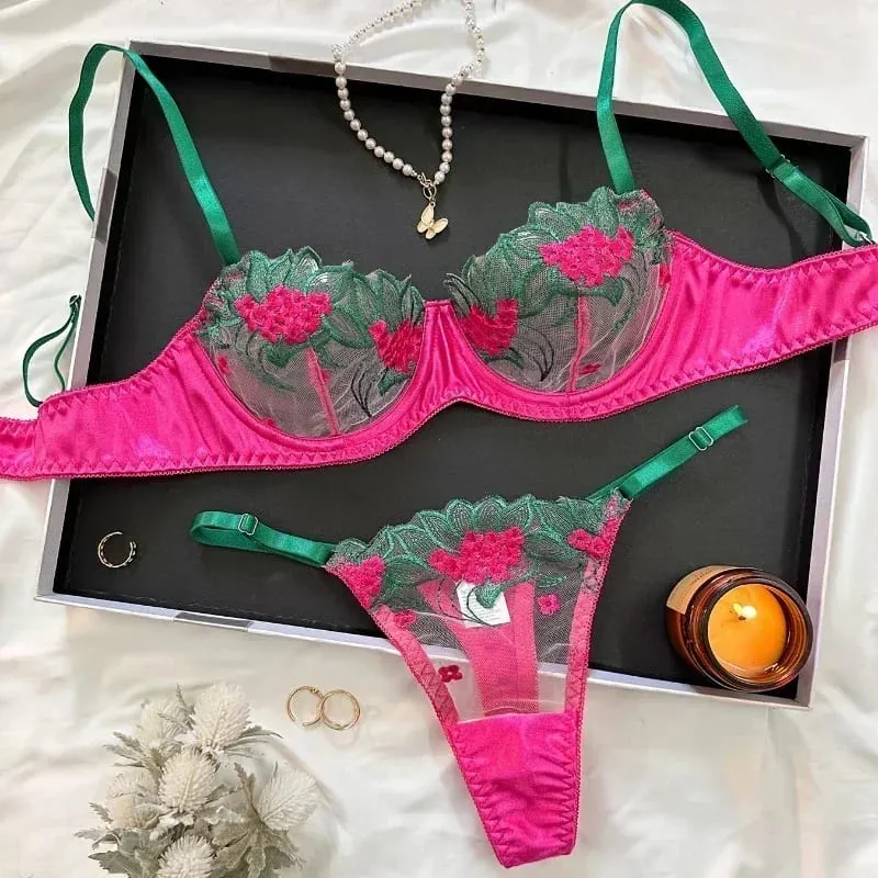 2-teiliges schwarzes, bequemes, leichtes, halbtransparentes Dessous-Set für Damen. Fancy Lingerie BH-Set mit floraler Spitze, Luxus-Unterwäsche — image 8