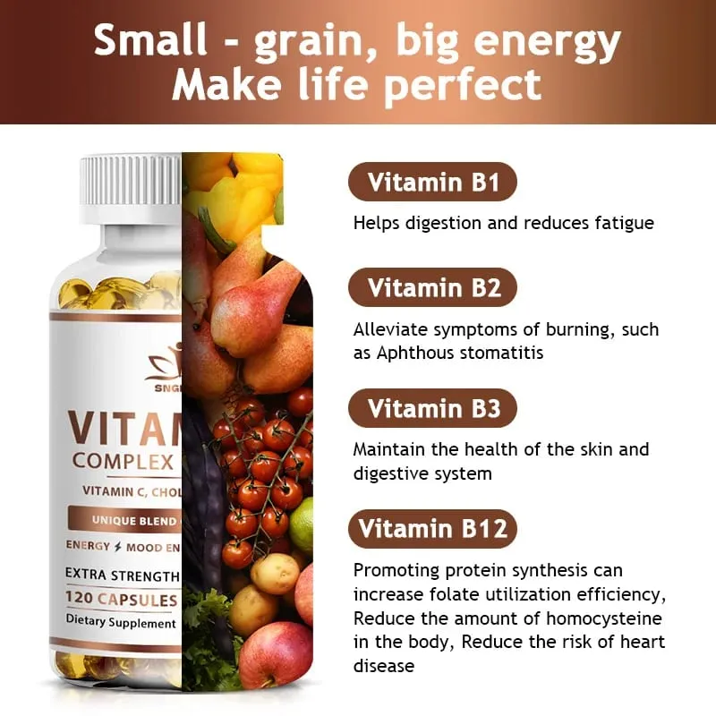B-Complex Vitamin Supplements (B1 B2 B3 B5 B6 B12 Folic Acid&Biotin) Relieve Stress Improve Immunity System Strong Bones &Teeth — image 6