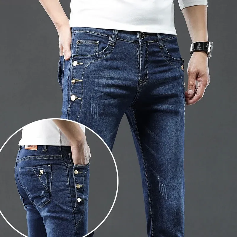 Nye mænd slanke, koreanske knap jeans, sorte skinny ensfarvede strækbare multi-knap, unge mandlige denimbukser Streetwear