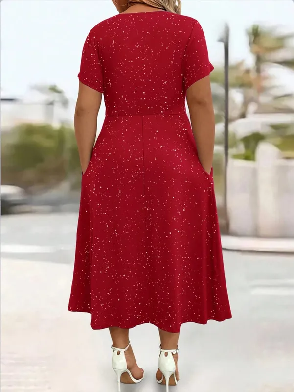 Robe élégante grande taille pour femme avec nœud torsadé brillant saupoudré de poudre avec poches et col en V — image 2