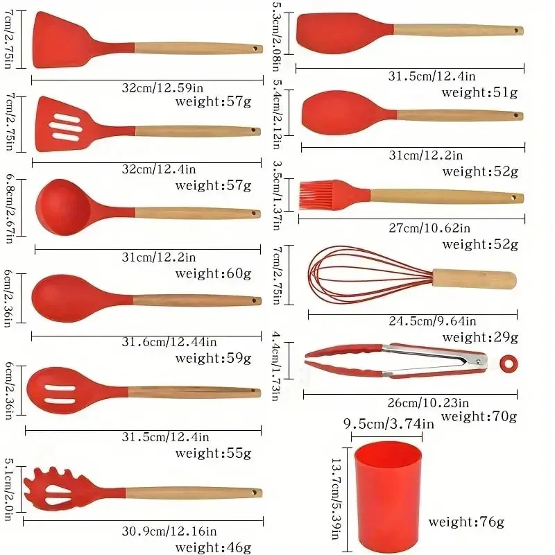 12pcs Set Pemegang Kayu Silikon Pelbagai Warna Set Peralatan Dapur Tidak Melekat Spatula Periuk dan Sudu Peralatan Memasak Tahan haba