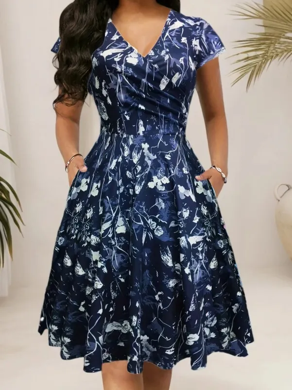 Elegantes, mit Blumenmuster bedrucktes, mittellanges Taschenkleid mit V-Ausschnitt und Polyestermischungen für den Frühling, Sommer und Herbst. Drei-Jahreszeiten-Damenkleid — image 1