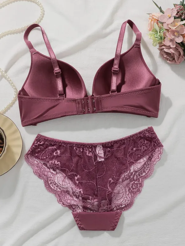 Einfarbiges Spitzen-BH-Set für Damen, drahtlos, ohne Bügel, Push-Up-BH und Höschen, 2-teiliges Set, tägliche, bequeme Dessous — image 2