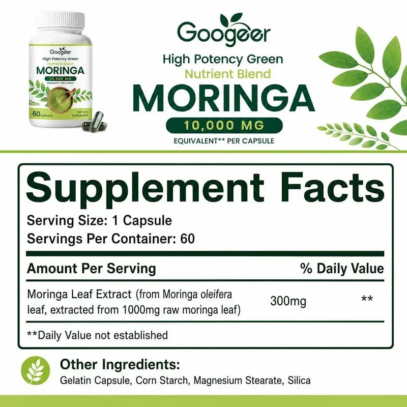 Suplement premium Moringa z naturalnym ekstraktem z liści Ziołowa formuła odżywcza do codziennego wsparcia dobrego samopoczucia 60 kapsułek — image 2
