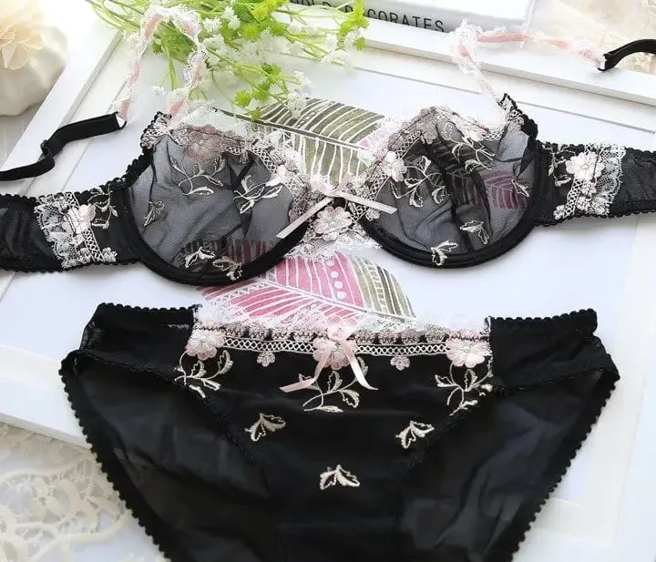 Ensemble de soutien-gorge non doublé de style Français | Demi-tasse minimiseur en dentelle pour grande taille de bonnet, sans rembourrage, fine, transparente, Anti-affaissement, Lingerie BANERDANNI
