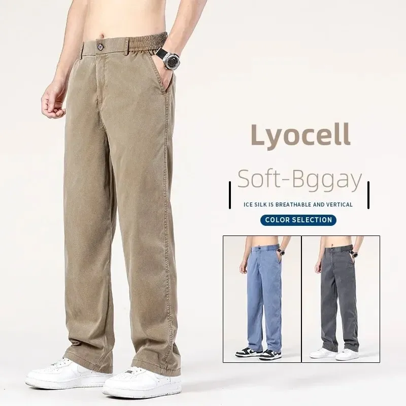 Summer New Baggy Jeans Men's Classic Thin Lyocell Fabric High Quality Straight Casual Pants Soft Denim Trousers Coffee Blue Gray — image 1