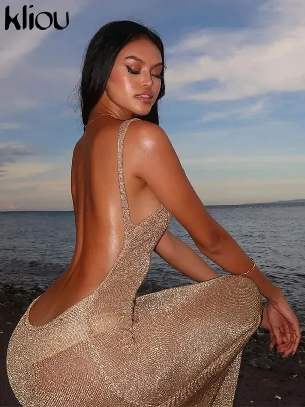 kliou Lesklé dlouhé šaty Ohromující Ženy Jednobarevné Léto Tenké Síťovina Průsvitné Bez rukávů Bodycon Dámské Elegantní Módní Vestido — image 6