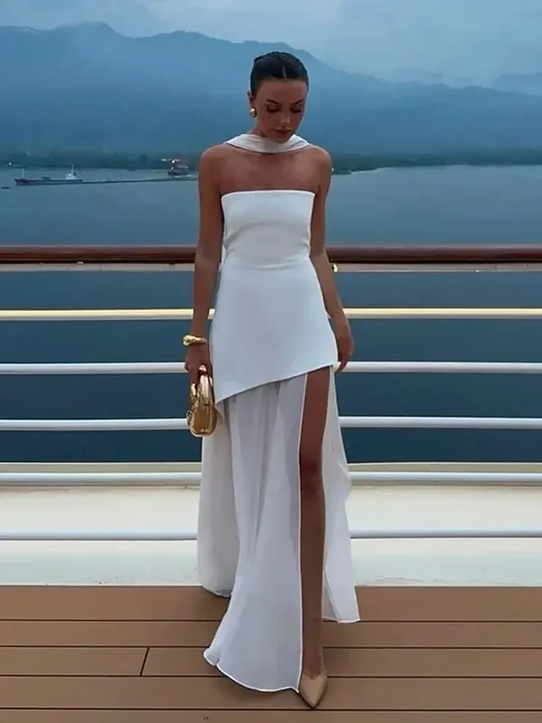Botergeel Mesh Splicing Lange Jurk Elegante Strapless Split Backless Geplooide Jurken Voor Vrouwen 2026 Lady Avondfeest Jurken — image 12