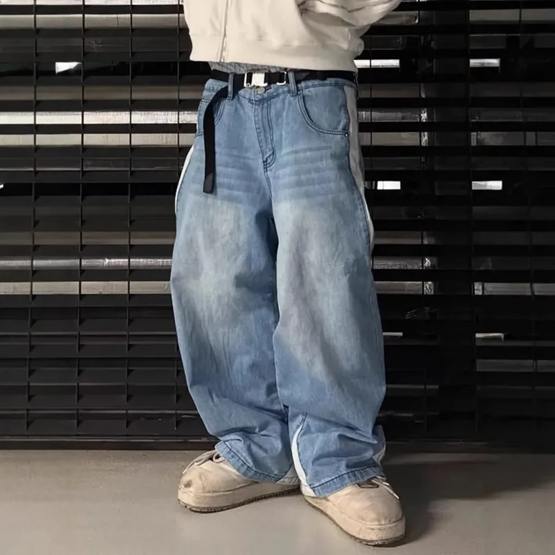 Geniş Bacak Kot Erkekler Düz Pantolon Vintage Patchwork Yıkanmış Sıkıntılı Orta Bel Cepler 2025 streetwear denims Gevşek Pantolon — image 2