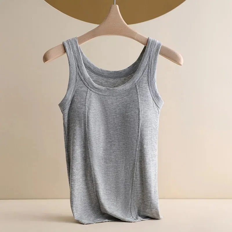 M-4XL für 45–105 kg, gefädeltes Baumwoll-Camisole-Top in Übergröße mit integriertem BH für Damen, modale, nahtlose Unterwäsche, Tank-Tops — image 12