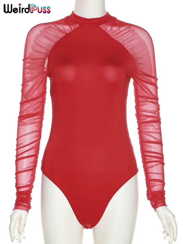 แปลกPuss 2025 ตาข่ายPatchworkบอดี้สูทเซ็กซี่ผู้หญิงแขนRuchedผอมคอเต่าBodycon Elegant Wild Tops Streetwearชุด — image 9