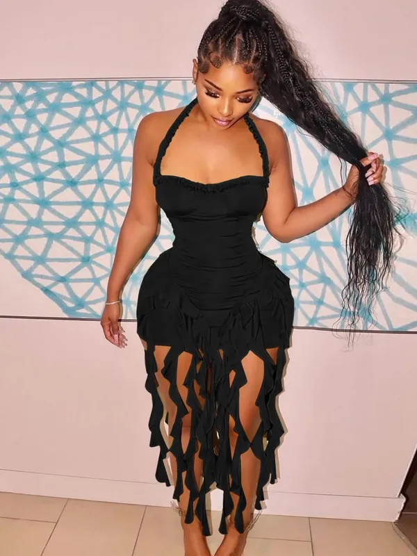 Hugcitar Elegant Halter Solid Ruffles Backless Taseel เซ็กซี่ Slim Mini Dress ฤดูใบไม้ผลิผู้หญิงชุดน่ารักวันเกิดปาร์ตี้วันหยุด
