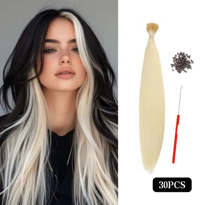 30pcs Sambungan Rambut Berwarna 16-Inci I-Tip Sambungan Sintetik. Kit gaya panjang untuk wanita ini termasuk manik dan alat mengait — image 2