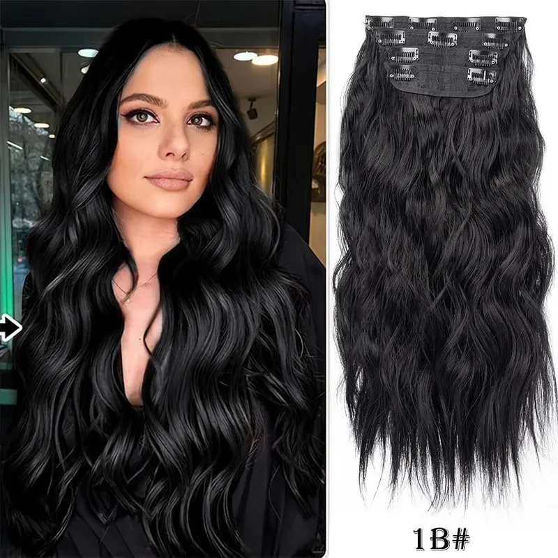 Leeons gewellte Clip-in-Haarverlängerungen, 4 Stück, natürliche, weiche, lange, gewellte Haarteile, dicke Doppelschuss-Clip-in-Haarverlängerungen für Frauen