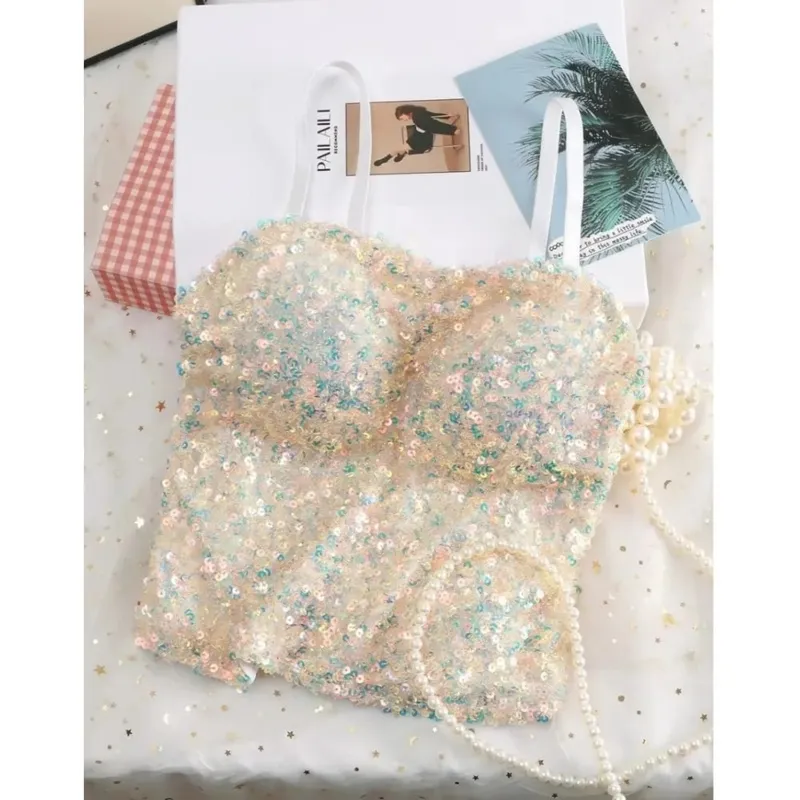 Camiseta sin mangas de una pieza con lentejuelas brillantes, chaleco envolvente fijo en el pecho, chaleco sin espalda de alta elasticidad, ropa interior, chaleco de capa Base corta, Top de verano — image 12