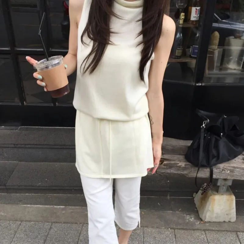 ฤดูร้อนElegant DrawstringเอวSlimmingแขนกุดสั้นชุดสบายๆสไตล์ผู้หญิงเสื้อผ้าเดินทางเหมาะสำหรับ