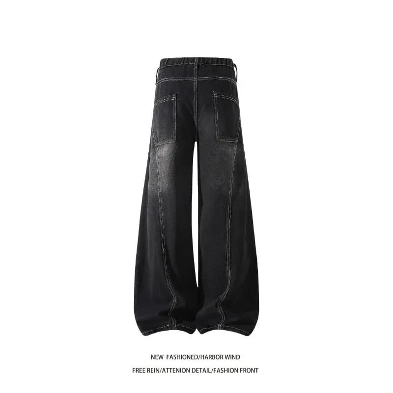 Celana Jeans Panjang Kasual Longgar Desain Berlipat Sambungan Jahitan Kontras Jeans Pedang Kaki Lebar Gaya Amerika 2026 Pria untuk Pria — image 6