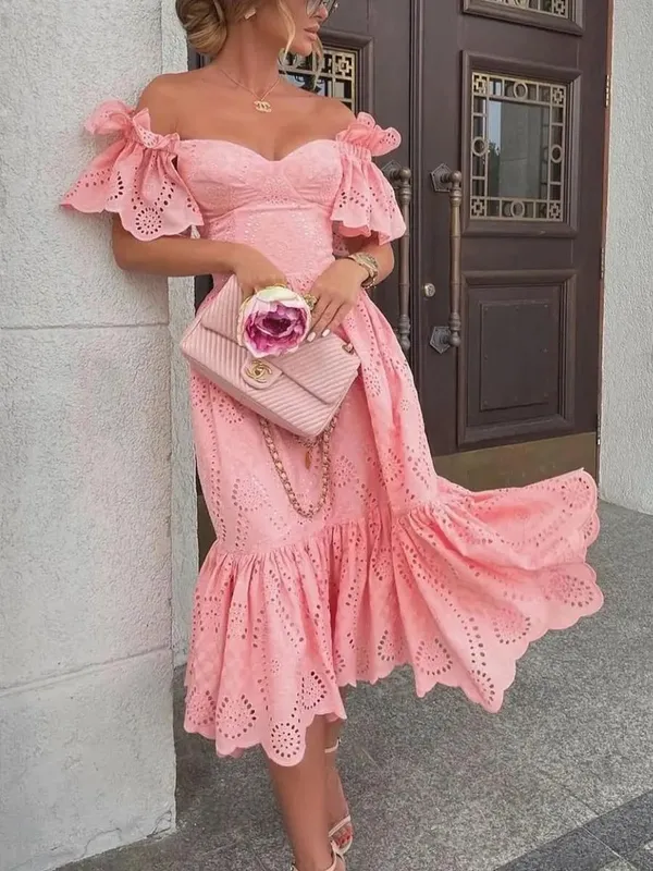 Gaun Wanita Bahu Terbuka Gaun Panjang Menengah Titik Solid Sambungan Seksi Ketat Pinggang Tinggi Leher V Garis A Elegan Slim Fit Vestidos