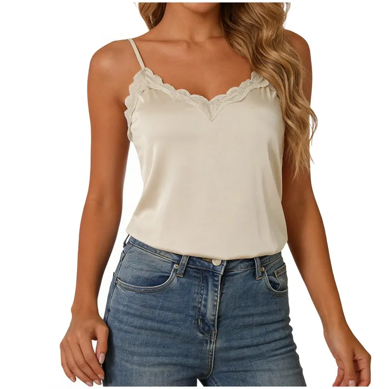 Musim Panas Wanita Satin Tank Tops Lace Trim Patchwork Sutera Selesa Tanpa Lengan Camis Elegan V-Neck Tanpa Belakang Solid Seksi Tops