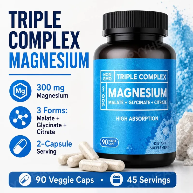 Triple Magnesium Complex 300mg Malate Glycinate Citrate High Absorption Daily Mineral Supplement Vegan Non GMO 90 Veggie Caps — image 1