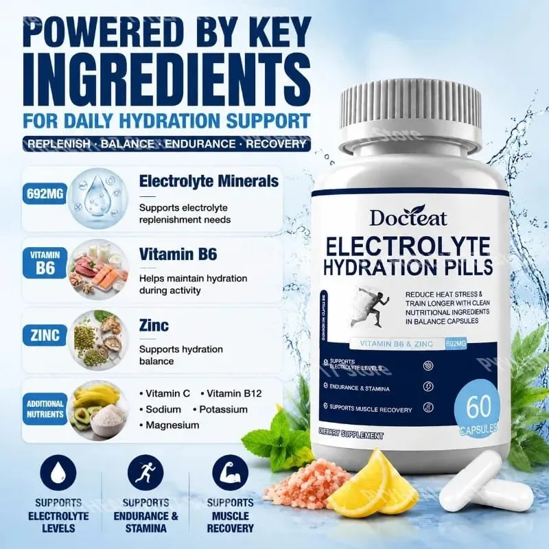 Kapsul Hidrasi Elektrolit dengan Vitamin B6 & Seng untuk Daya Tahan Hidrasi & Dukungan Pemulihan Otot 60 Kapsul