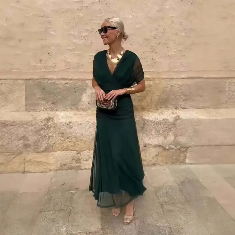 ผู้หญิงลึก V คอตาข่ายยาวชุดพัฟแขนสั้น Ruched เอวสูง Vestidos 2026 ฤดูร้อน Lady Casual street Robe — image 8