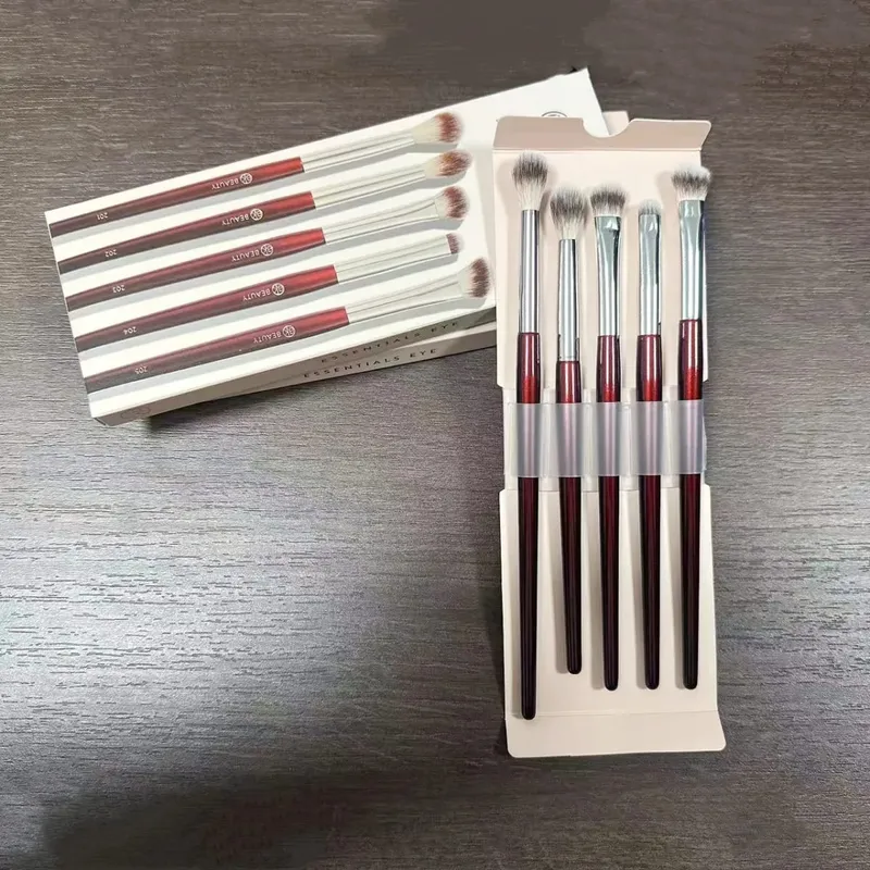 Essentials øjenbørstesæt 5 stk. Øjenskygge makeup børster sæt med æske rødt og blødt syntetisk hår — image 1
