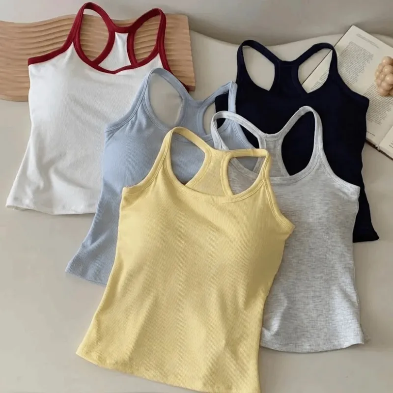 Rompi Berongga Tali Bahu Lebar Kamisol Kecil Payudara Punggung Berbentuk H Nyaman Tank Top Tipis Elastis Desain Ramping