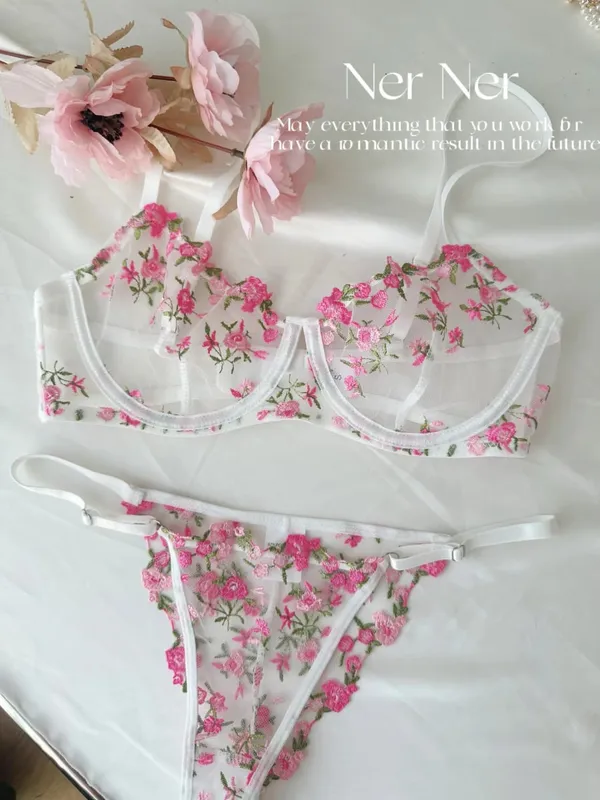 Set Bra Sulaman Renda Bunga Lutsinar Seluar Dalam Minimizer Nipis Musim Panas Lembut Bernafas Payudara Penuh Wanita Di Rumah Pakaian Harian S-XL — image 11