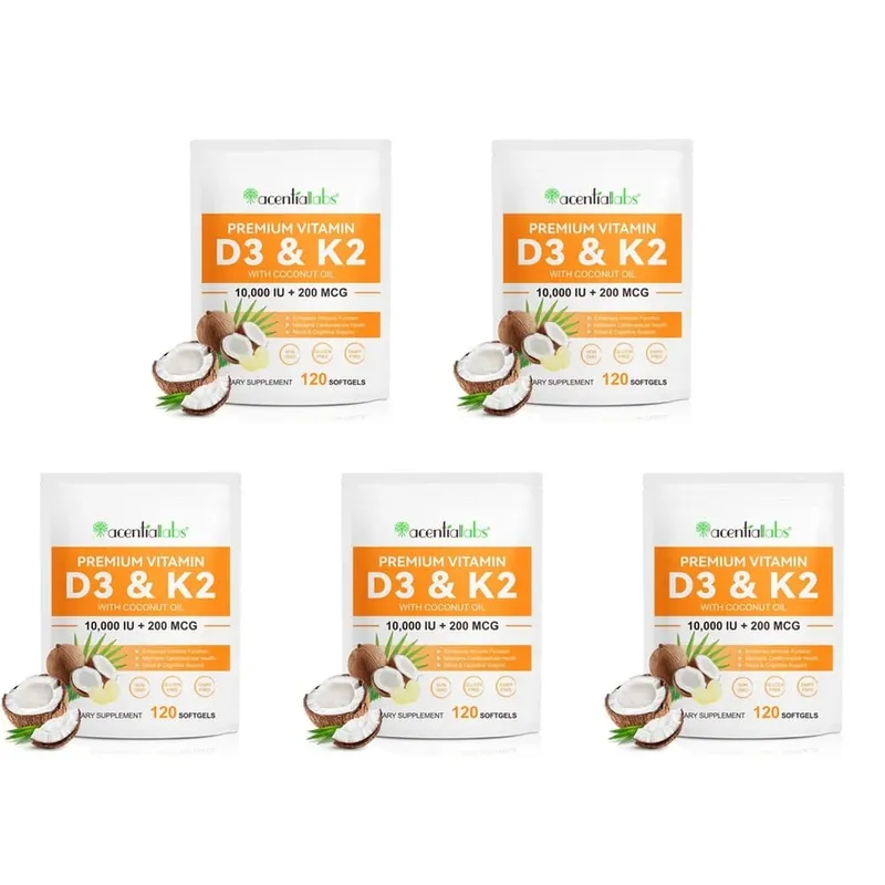 AcentiaLabs Vitamin D3 & K2 Softgels dengan Fungsi Kekebalan Minyak Kelapa dan Dukungan Tulang Bebas Gluten Non-GMO 120 Softgels — image 11