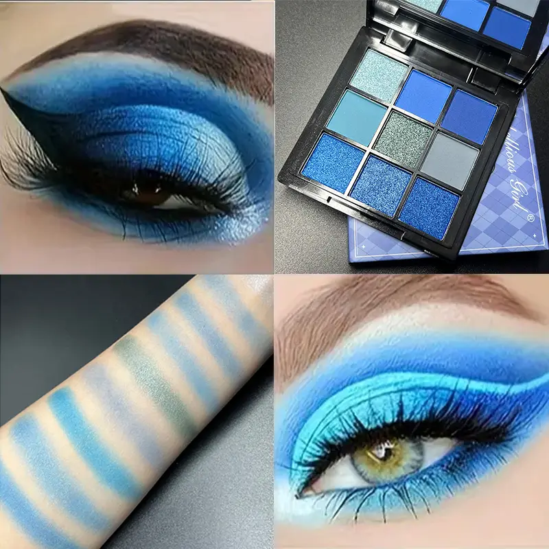 Palette de fards à paupières, 9 couleurs, bleu dauphin, résistant à la sueur, mat naturel, nacré, paillettes, maquillage pour les yeux, cosmétiques pour Festival de musique — image 2