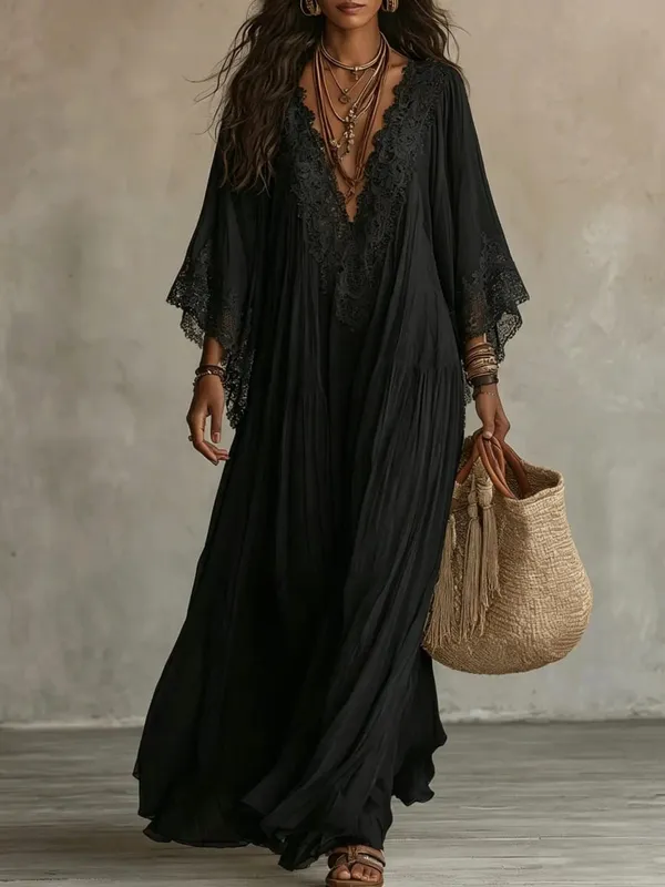 ฤดูร้อนElegant Solidชุดสตรีลำลองลูกไม้Trim VคอFlowy MaxiชุดชายหาดHoliday Party Maxi Dresses Robe Vestidos