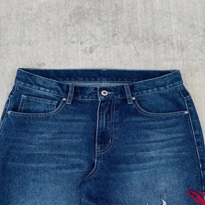 Ricamo Dragon Graffiti blu scuro jeans larghi larghi a gamba larga in difficoltà Y2K vita alta uomo donna vintage casual quotidiano streetwear — image 10