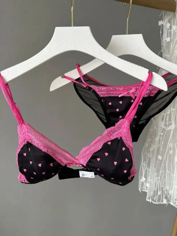 Conjunto de sutiã triangular de renda de cetim francês sem fio copo fino pequeno busto push up lingerie suporte lateral anti sag sexy roupa interior feminina S-XL — image 1