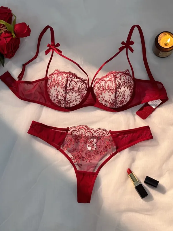Set Pakaian Dalam Wanita 2 keping Set Pakaian Dalam Separuh Lutsinar Wanita Hijau Selesa Ringan Busur — image 5