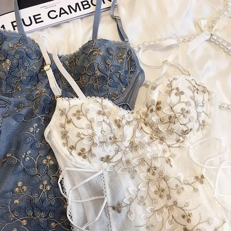Ensemble de soutien-gorge une pièce avec broderie tridimensionnelle de pétales de fleurs, lingerie, anneau en acier doux, sangle sexy, sous-vêtements façonnant le fichier ouvert — image 4