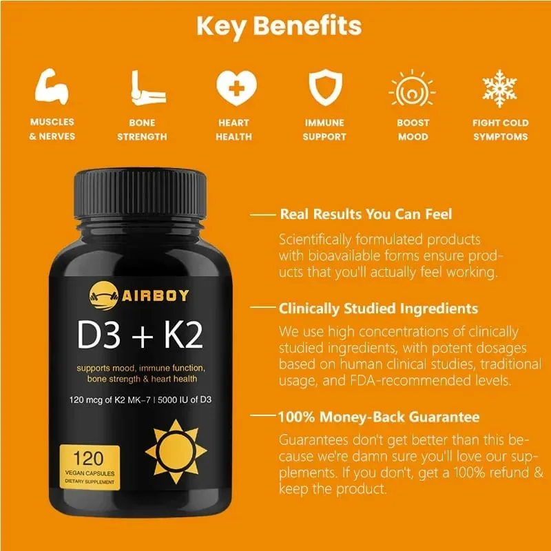 Vitamin D3+K2-Kapseln – zur Regulierung des Kalziumstoffwechsels, Förderung der Gesundheit von Knochen, Herz und Immunsystem