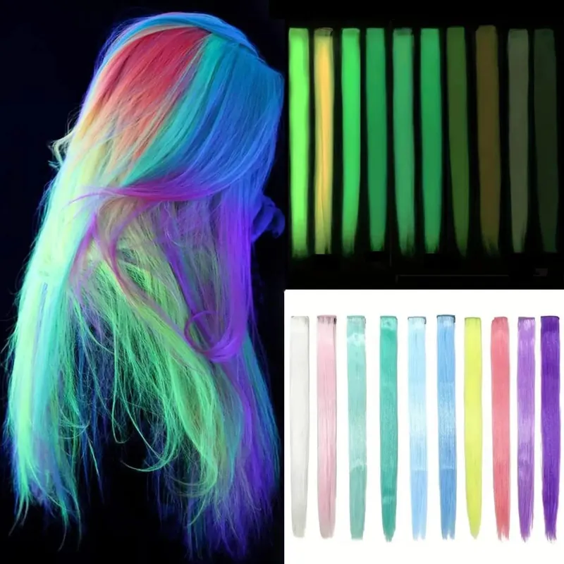 5pc 20 pollici Glow in The Dark estensioni dei capelli clip luminosi posticci colorati partito arcobaleno fermagli per capelli parrucca diritta sintetica — image 1