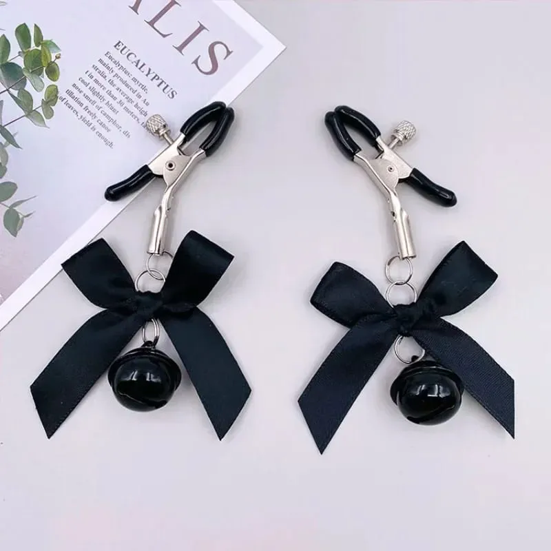 Pinces à tétons en métal pour femmes, 1 paire, petite cloche avec nœud papillon, Stimulation du sein, accessoires exotiques, boule de cheveux de Bondage, jouets sexuels Sexy pour femmes