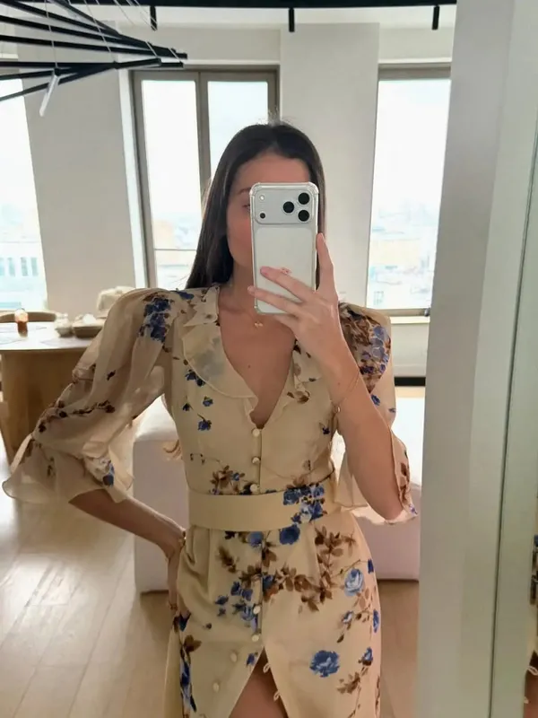 Stampa floreale Volant Scollo a V Vita stretta Abiti lunghi Orlo diviso Monopetto Maxi vestito 2026 Party Beach Vacation Abiti — image 6