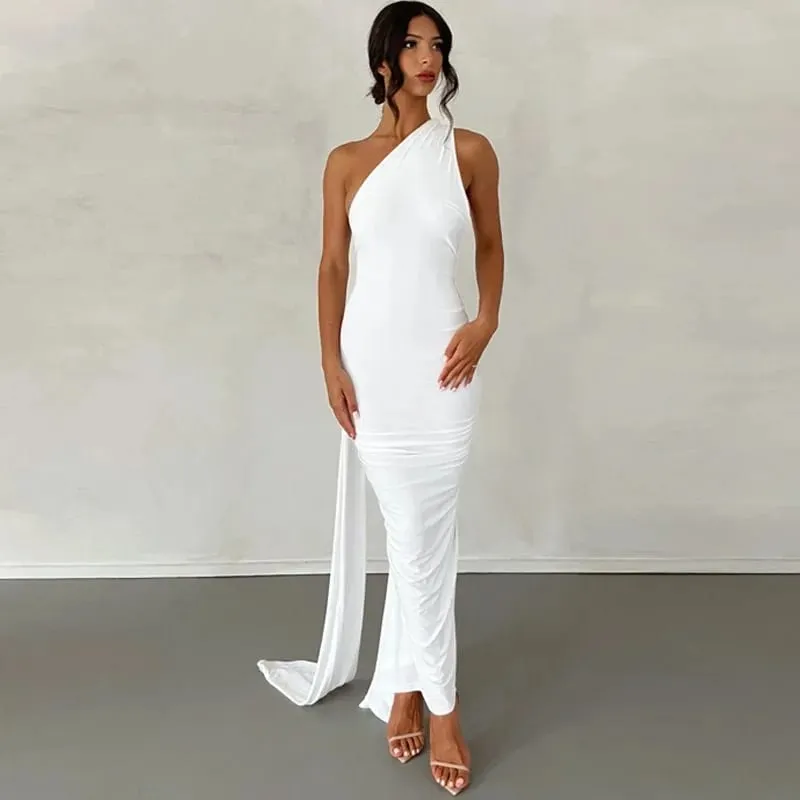 Robe longue sans manches pour femme, asymétrique épaule dénudée, écharpe réglable, boucle froncée, dos nu, moulante, tenue de fête, de Festival, robe longue élégante