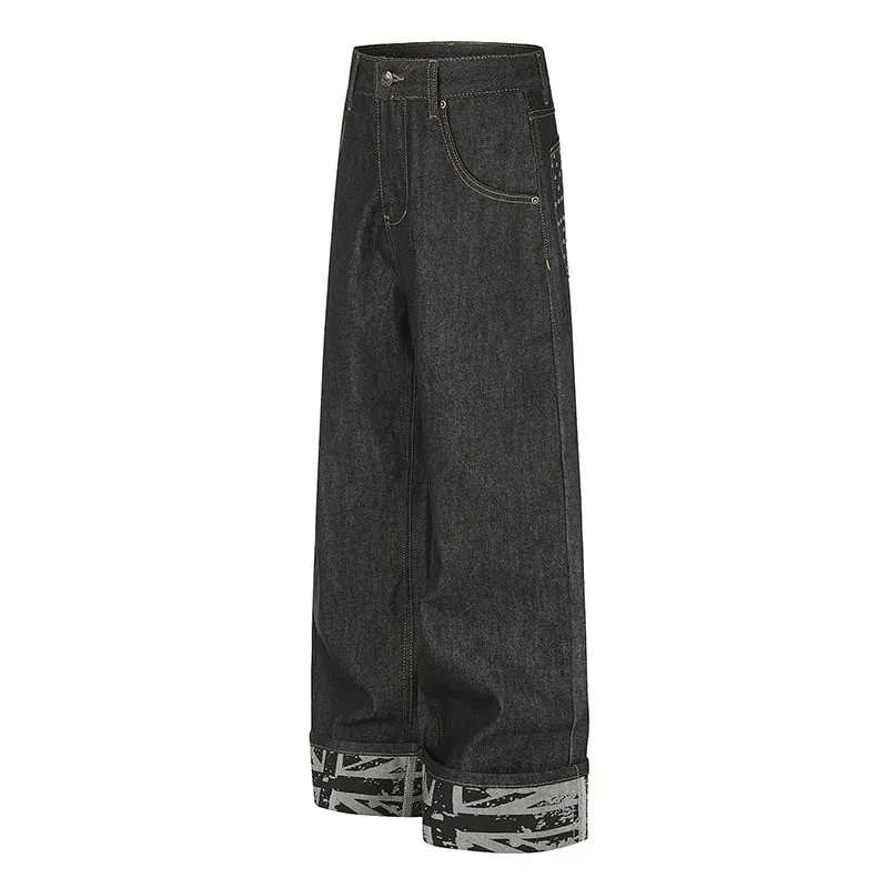 Jeans Denim Mentah Lebar Kaki Lelaki Hiasan Rivet Poket Belakang Labuh Berikat Cetak Pakaian Jalanan Punk Seluar Panjang Lurus 9X4317 — image 3