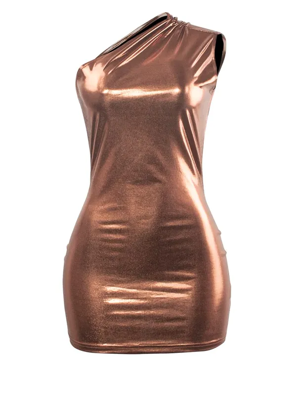 Abiti aderenti sexy con una spalla per le donne Mini abito corto corto con doratura metallizzata Y2K solido irregolare — image 9