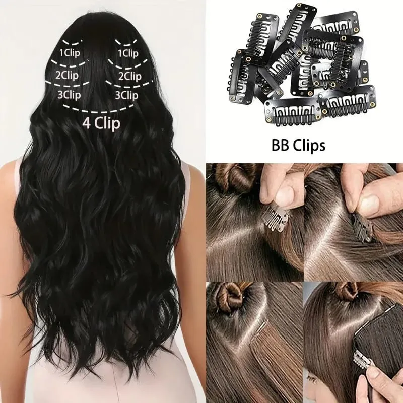 Coiffure longue droite 16 Clips 7 pièces/ensemble Extensions de cheveux postiches synthétiques blondes noires naturelles résistantes à la chaleur pour les femmes Kp — image 5