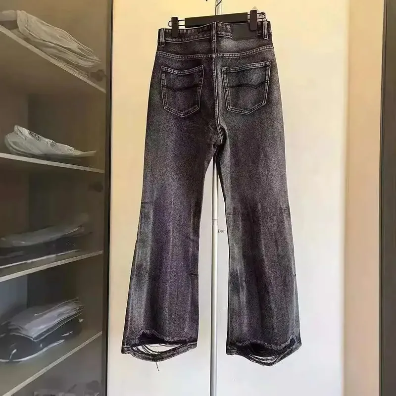 Distressed Niche Design Μαύρο γκρι Micro Flared Ανδρικό τζιν παντελόνι Loose Trend με ίσια τρύπα στο κάτω μέρος Casual τζιν παντελόνι 28W5868