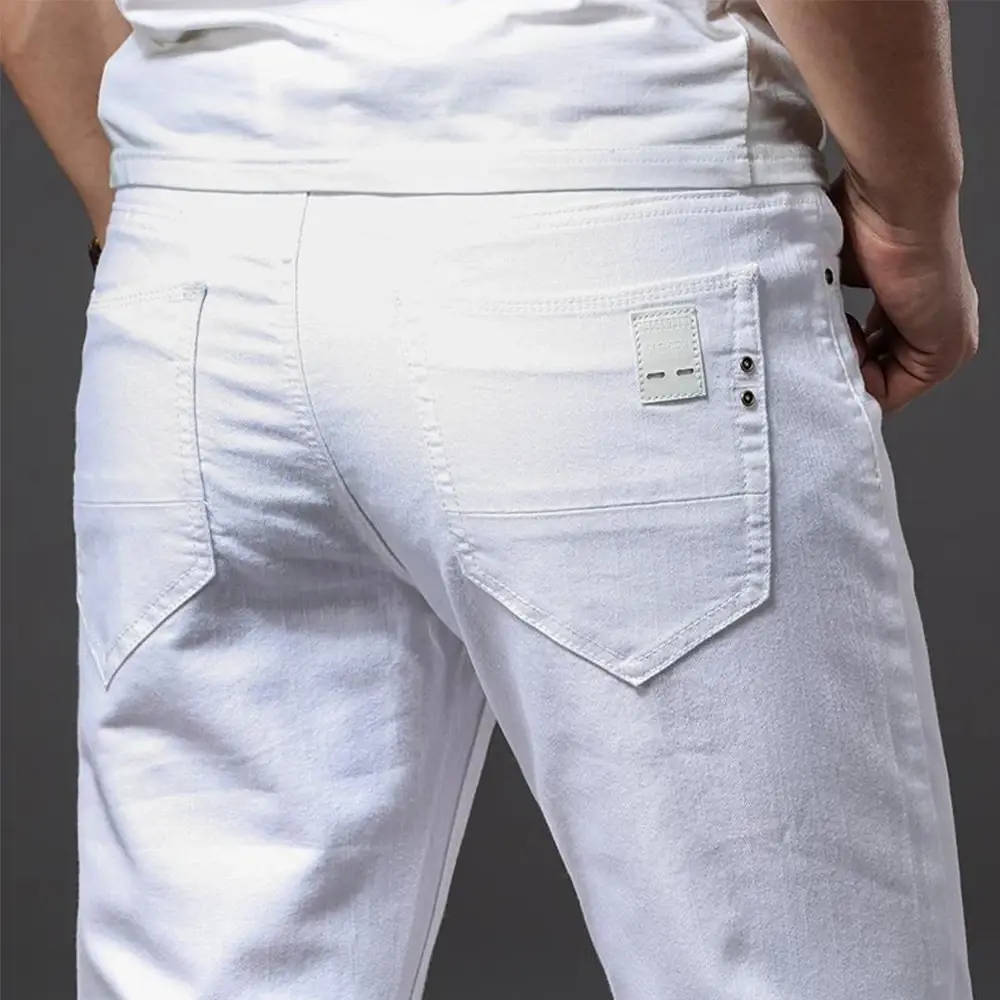 ผู้ชายกางเกงยีนส์สีขาวความยืดหยุ่นตรง SLIM FIT สบายๆธุรกิจคลาสสิกกางเกงแฟชั่นขั้นสูงยืดกางเกงยีนส์กางเกง — image 1