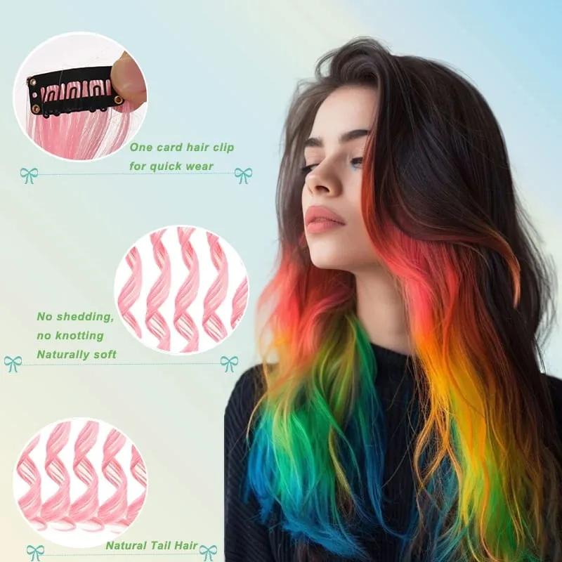 Bunte Haarverlängerungen, gewelltes Zubehör, Party-Highlights, Clip auf synthetischen Regenbogen-Perücken, Lieblingsgeschenk für Kinder (5 Stück) — image 3